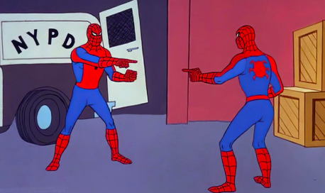 Two identical Spider-Man people point at each other
