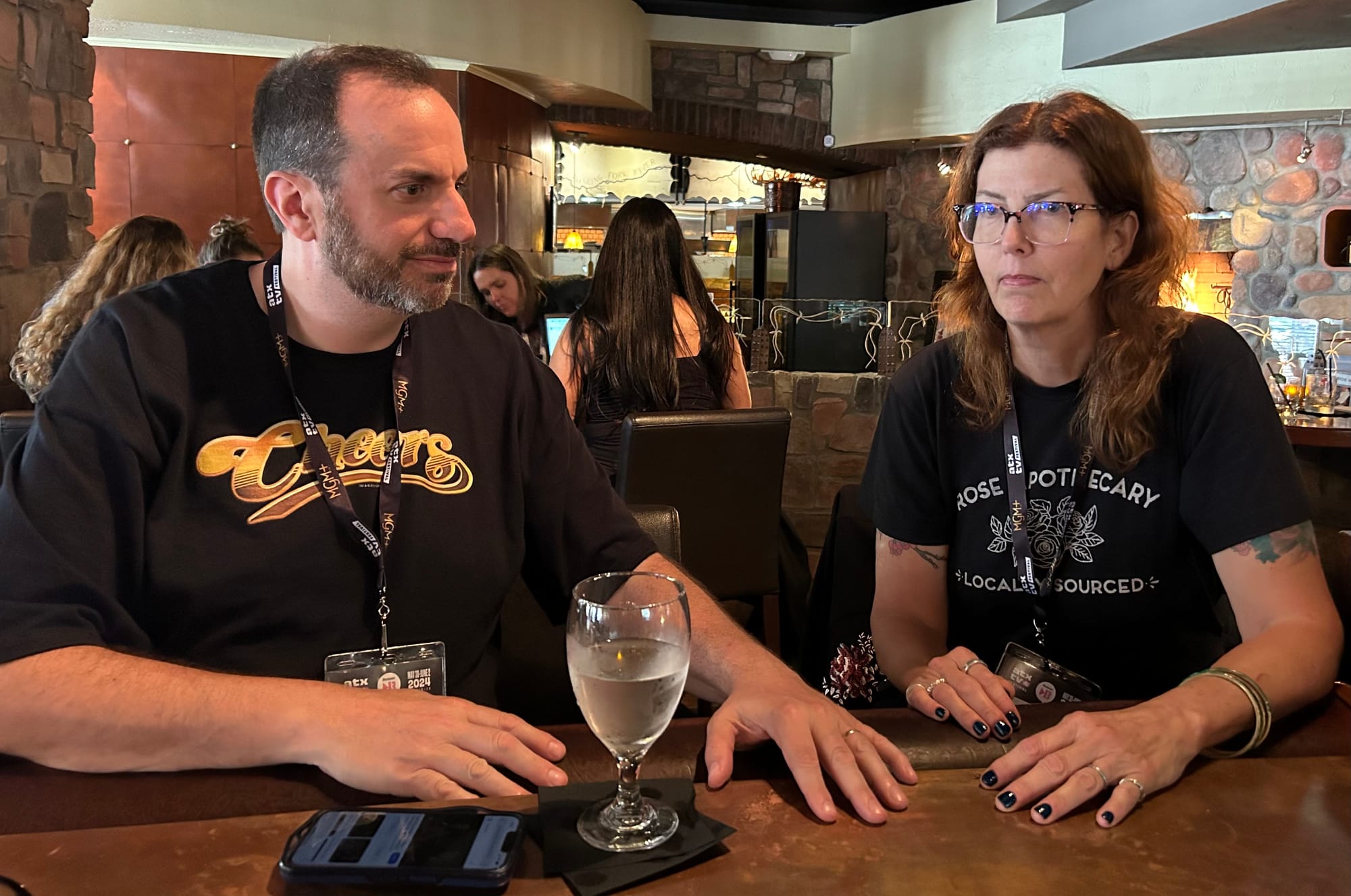 Alan Sepinwall and Maureen Ryan sit at a bar, not quite looking at each other. They are re-creating an image from the final scene between Kalinda and Alicia on The Good Wife