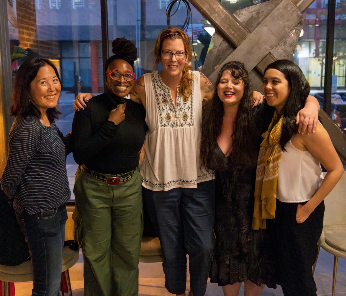 A photo of five women standing. Left to right: Melinda Hsu, Shernold Edwards, Maureen Ryan, Kether Donohue and Maikiko Jam